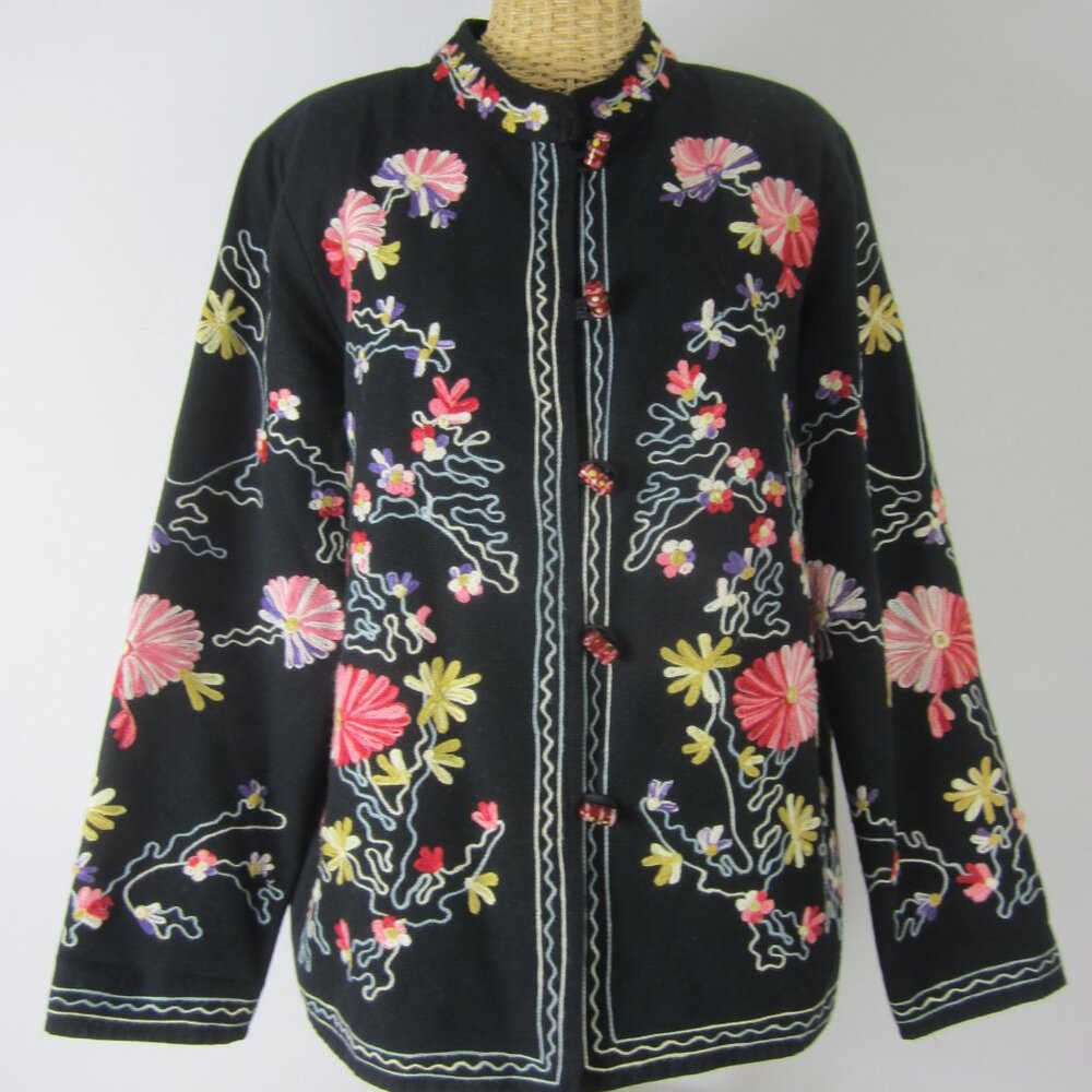 Vtg Timbuktu Station Womens XL Black Floral Embroidered Cotton Jacket Blazer 45"